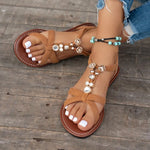Pearl Flower Decor Bohemian Sandals Women Lightweight Flat Heels Casual Sandals Woman 2026 Summer Comfort Non Slip Beach Shoes