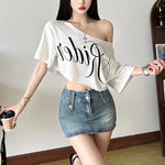 Letter Print Oversized Tees Women Skew Collar Off Shoulders Short Sleeves T-shirt Irregular Hem Hip-hop Style Trend Crop Tops