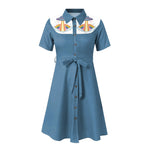 Western Cowgirl Printed Dress Halloween Cosplay Costume Summer Cowboy Button-Down Dress Short Sleeves 100% Cotton Sexy Dress