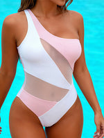 S - XXL New Splicing One Shoulder See Through Mesh Sheer One Piece Swimsuit Women Swimwear Female Bather Bathing Suit Swim K7475