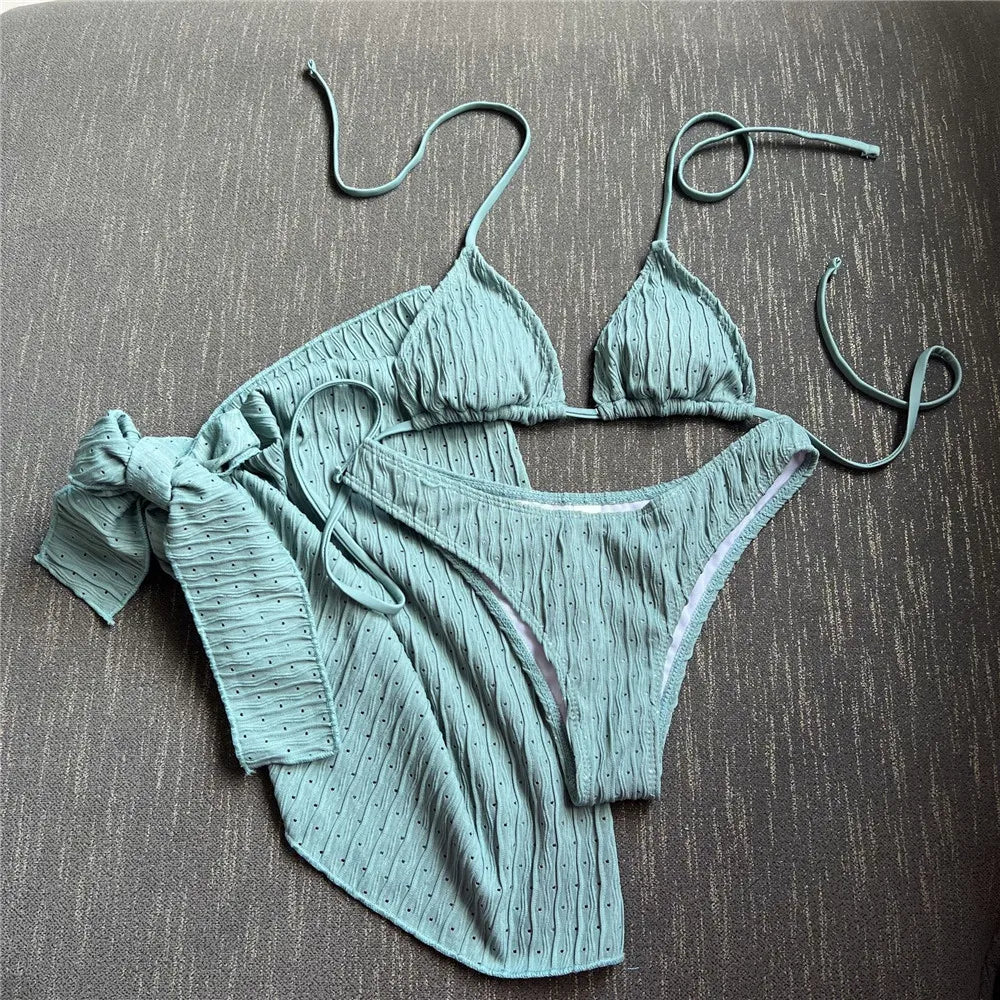 Three Piece Bikinis Sets 2026 String Halter Swimwear with Cover Up Sexy Swimsuit Women Beachwear Bathing Suit Black Mini Bikini