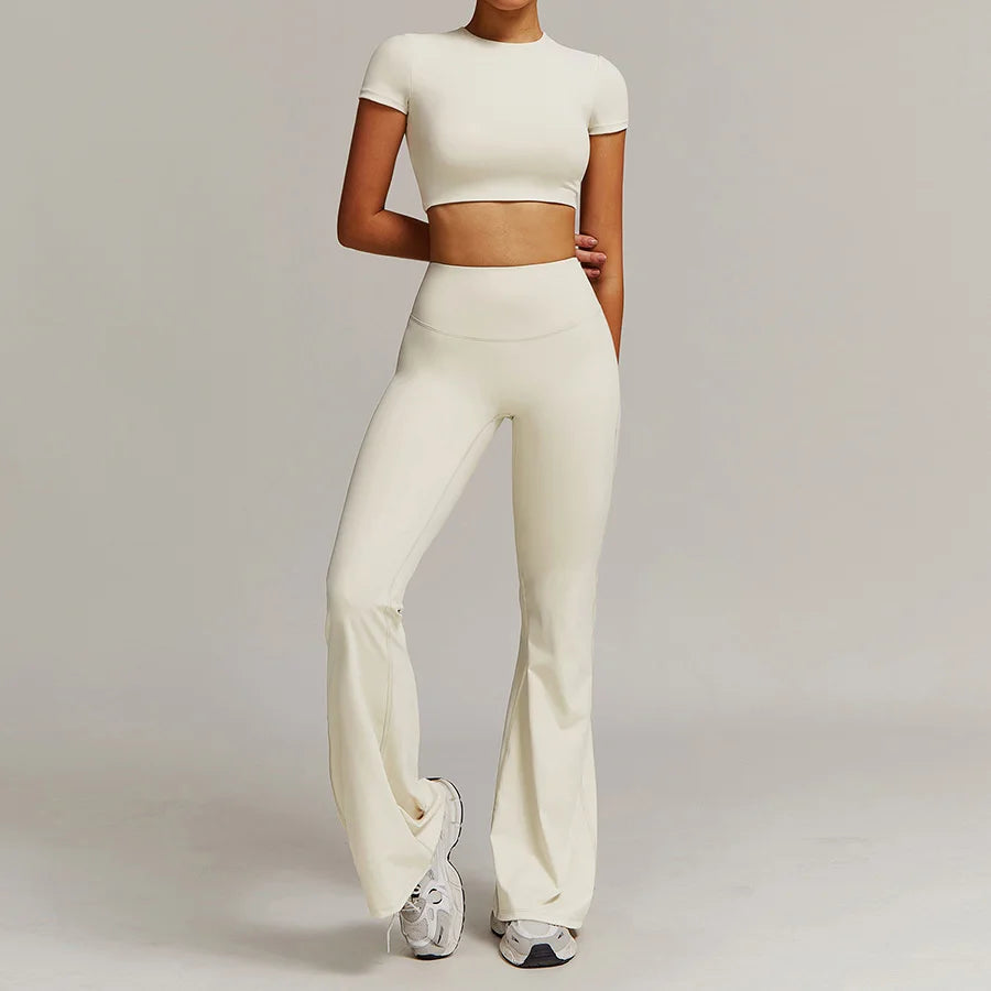 Women 2PCS Yoga Suit Sports Gym Set Tracksuit Workout Long Sleeve Shirt Fitness Flared leggings Short sleeve shorts running suit
