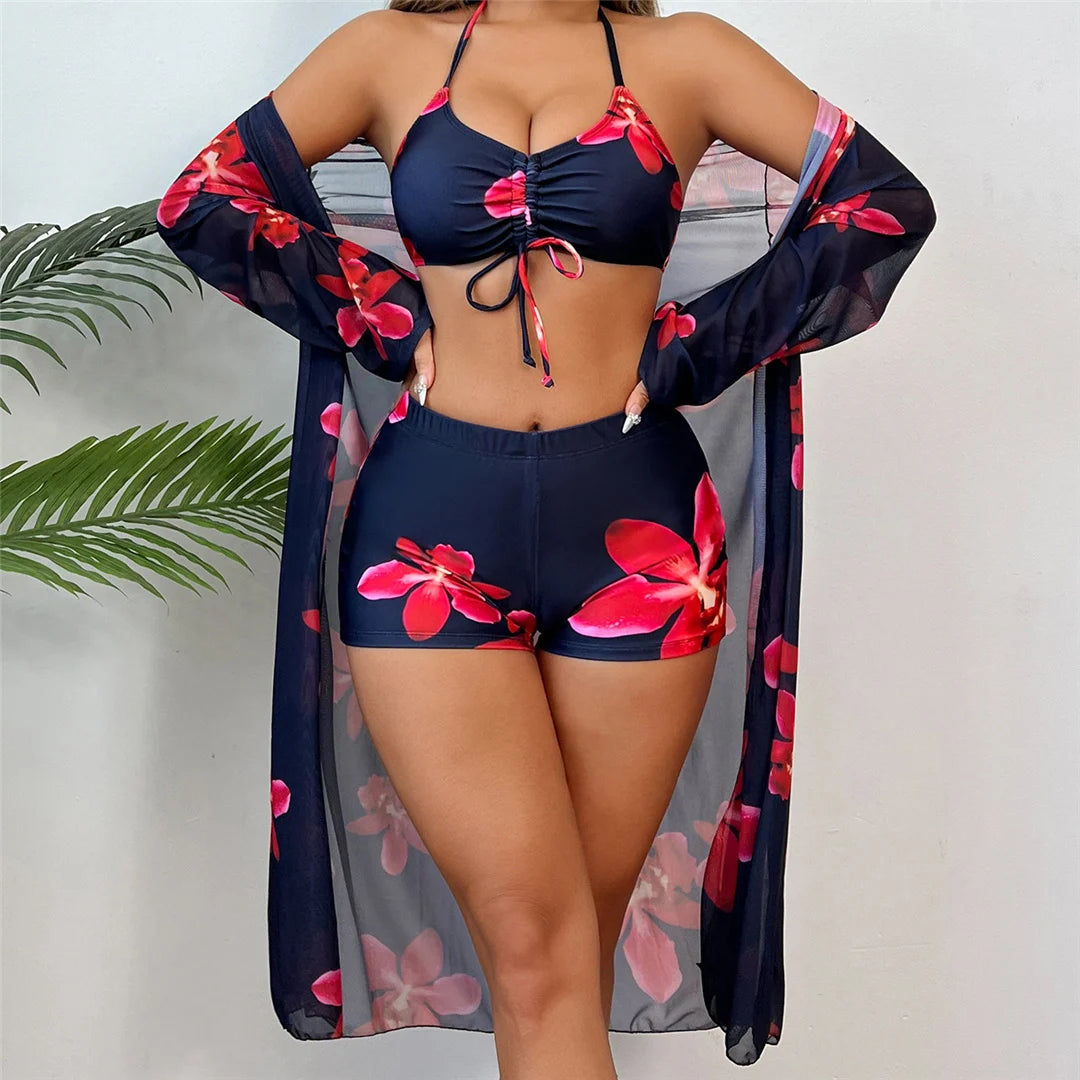 S - XL Long Sleeve Cover Up Flowers Bikini Female Swimsuit Three-Pieces Bikini Set Women Swimwear Bather Bathing Suit Swim V7232