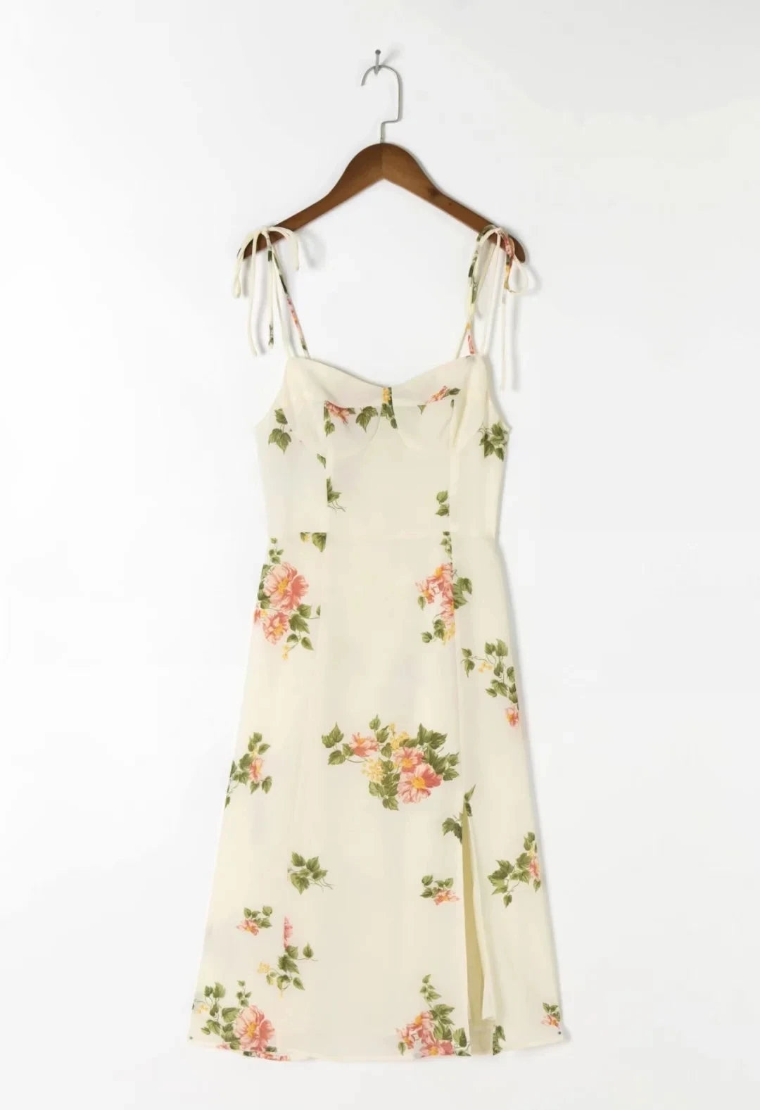 Spaghetti Strap Lace Up Beige Chiffon Summer Dress Sexy Slip Midi Sleeveless Dress Robe Big Flower Print Women Beach Dress Boho