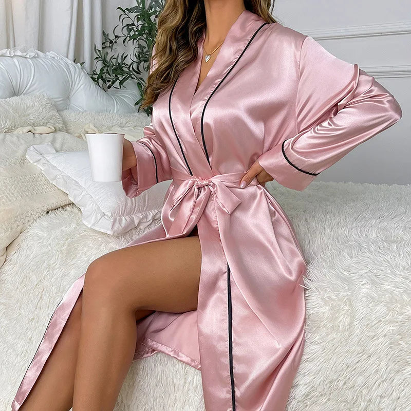 Summer Thin Long Length Ice Silk Robe Women's Fashion Minimalist Sexy Cardigan Bathrobe Manufacturer Stock Loungewear