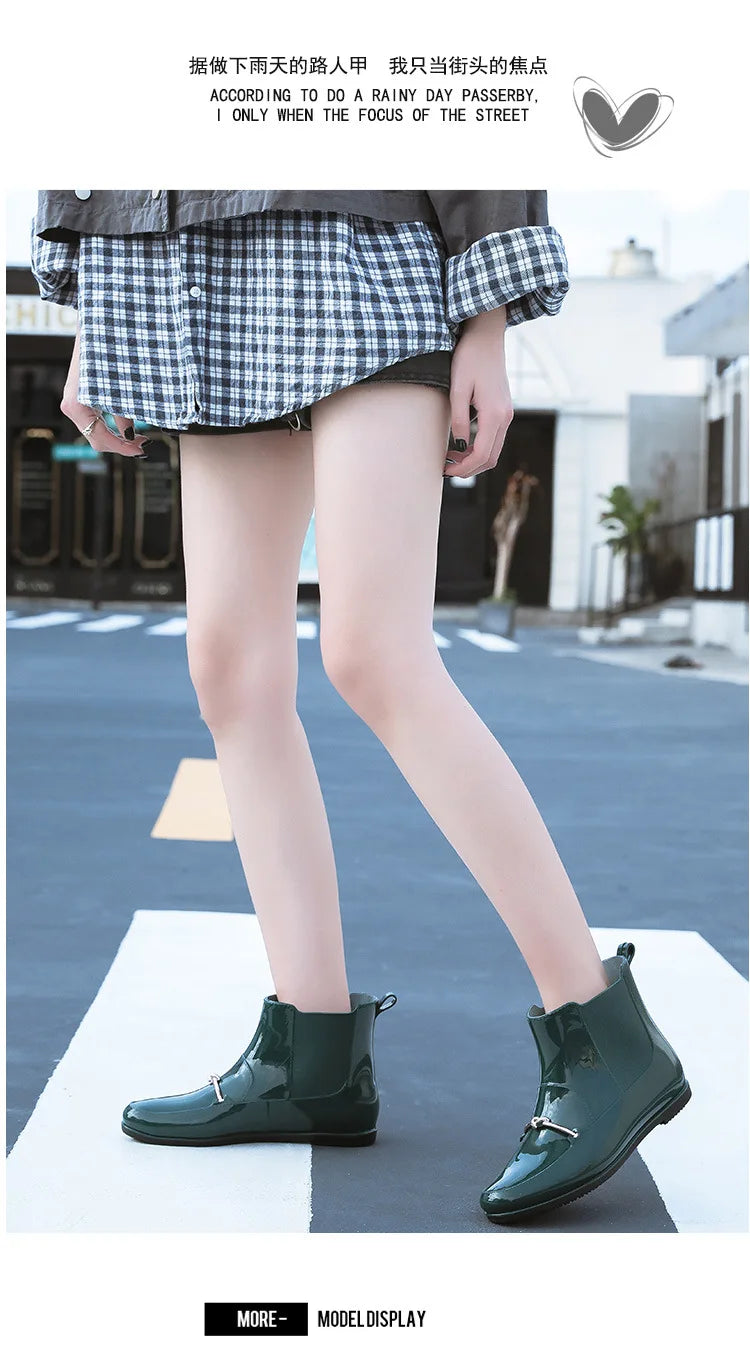 Women Rainning Boots Fashion Ladies Walking Waterproof Ankle Rubber Rainboots Casual Thick Bottom Low Heel Short Boot 2024