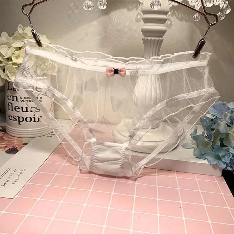 Lolita Mesh Panties Sexy Lace Briefs for Women Transparent Underwear Summer Bow Briefs Girl Low Waist Underpants Ruffle Lingerie