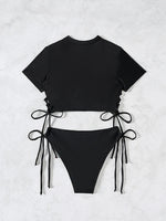 2026 New 2 Piece Swimsuit for Women Solid Color Sexy Drawstring Short Sleeve Bikini Set Beach Vacation Bathing Suit Swimwear