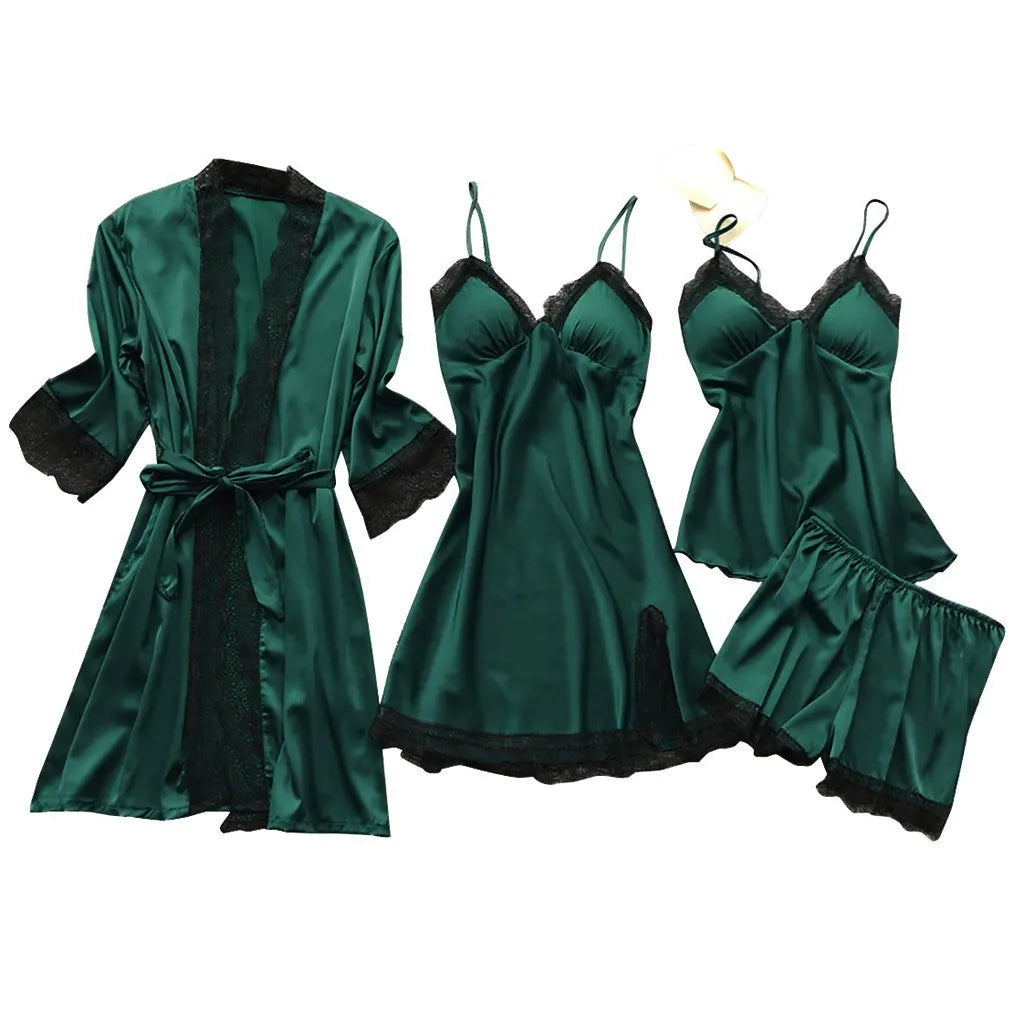 4 Pieces Women's Sexy Lace Pajamas Fashion V-Neck Gown Comfort Pajamas Pajamas Pajamas With Chest Pads Nightdress Casual Loungew