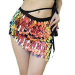 Womens Iridescent Sequin Mini Skirt Tie Waist Asymmetrical Hem Bodycon Skirt Shiny Sparkle Bottoms For Beach Cover Up Party Rave
