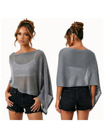 Womens Shawl Tops Lightweight Stylish Solid Color Irregular Hem Boat Neck Loose Fit Sheer Poncho Blouse Summer Knit Cover-ups