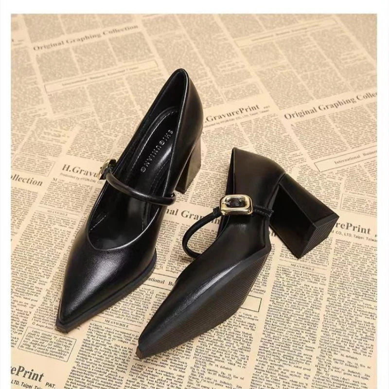 Single Shoes Fashion Pointed Toe Not Tired Feet One Word Belt Soft Sole Non-slip Block Heel Leather Shoes