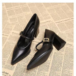 Single Shoes Fashion Pointed Toe Not Tired Feet One Word Belt Soft Sole Non-slip Block Heel Leather Shoes