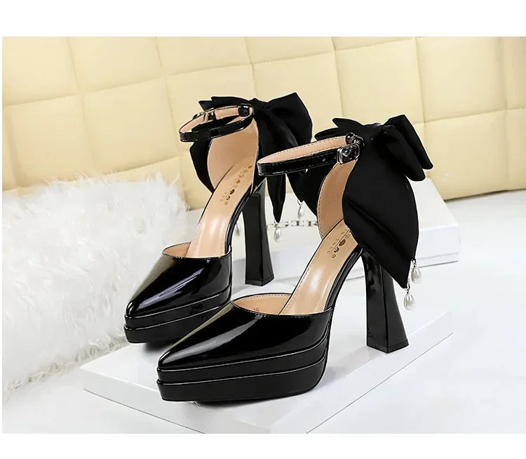 BIGTREE Shoes Women's High Heels Hollow Platform Waterproof Thick Heel Pointed Toe Sandals Match Dress Wedding Shoes Knot