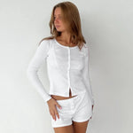 New Spring Autumn Cardigan White Jacquard Sleepwear Women's Pyjama Long-sleeved Shorts Pajamas Home Wears 2Pcs Nightwear 2026
