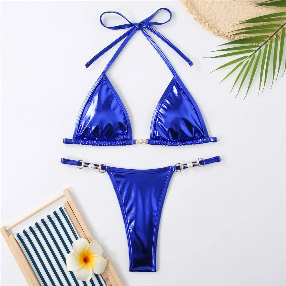 Shiny Red String Halter Triangle Micro Bikinis Sets Sexy Swimsuit Women Thong Bathing Suit Lace-up Bikini 2026 Mujer Biqiunis