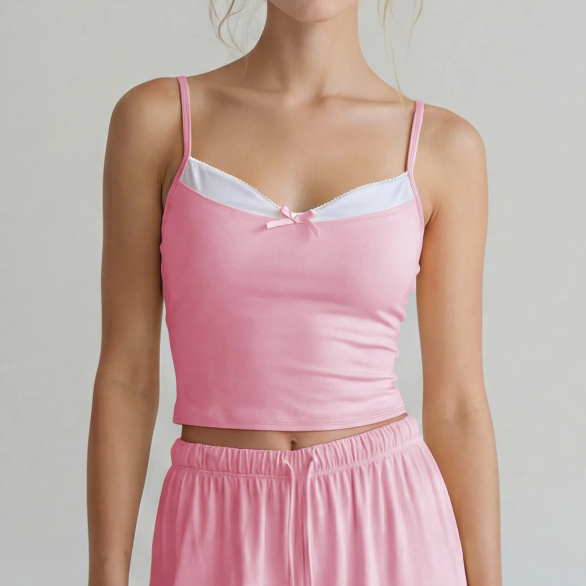 Color-block Fake Two-piece Yoga T Shirts Women Thin Straps Bow Padded Slim Sports Camisole Gym Running Training Fitness Tank Top