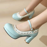 Plus Size 45 Sweet Mary Janes Shoes Women Cute Blue Block High Heels Lolita Pumps Lovely Pink Heart Edge Platform High-heeled