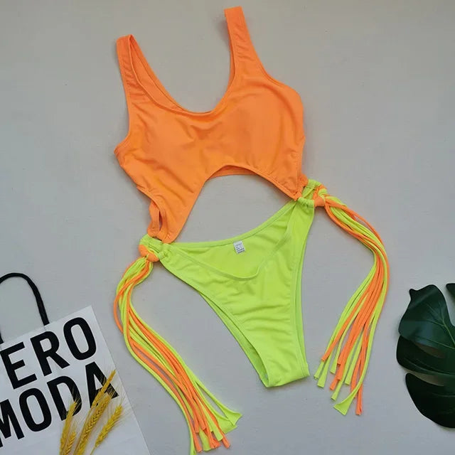 Tummy Cut Out Splicing Fringe Tassel Women Swimwear One Piece Swimsuit Female Monokini High Leg Cut Bathing Suit Swim Beach Wear