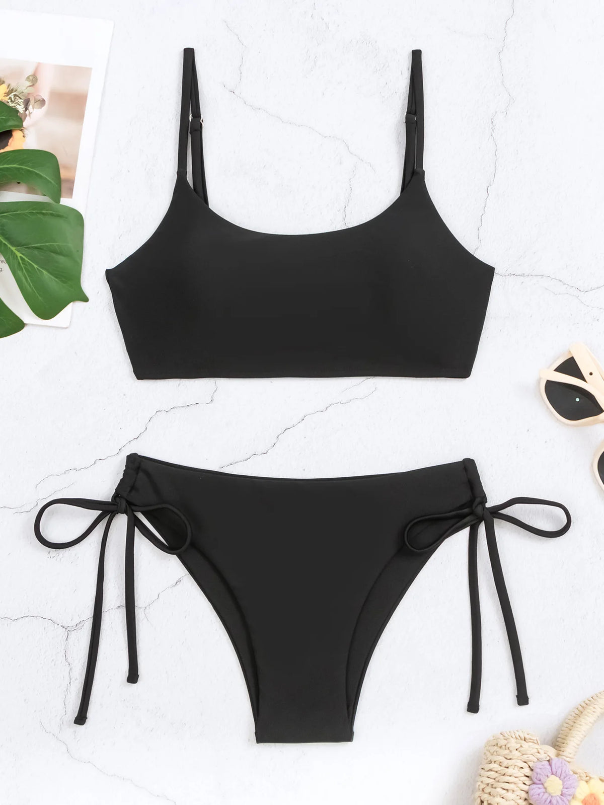 2024 Black Bandeau String Bikinis Female Swimsuit Women Swimwear Two-pieces Bikini Set High Waist Bather Bathing Suit Swim Lady