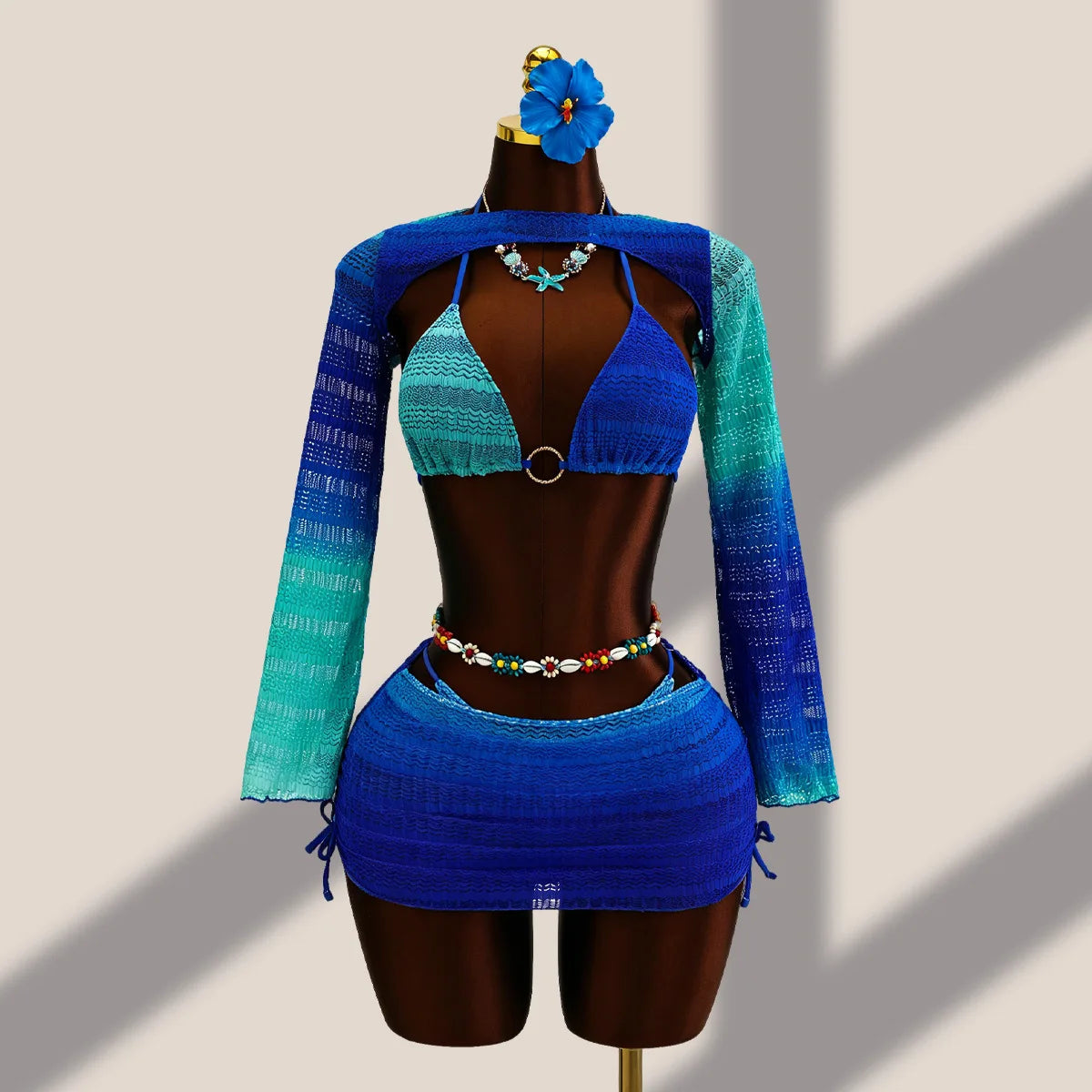 Sexy Blue Gradient Knitted 4 Piece Bikini Set 2026 Swimwear Women Long Sleeve Cover Up Drastring Skirt Holiday Thong Swimsuit