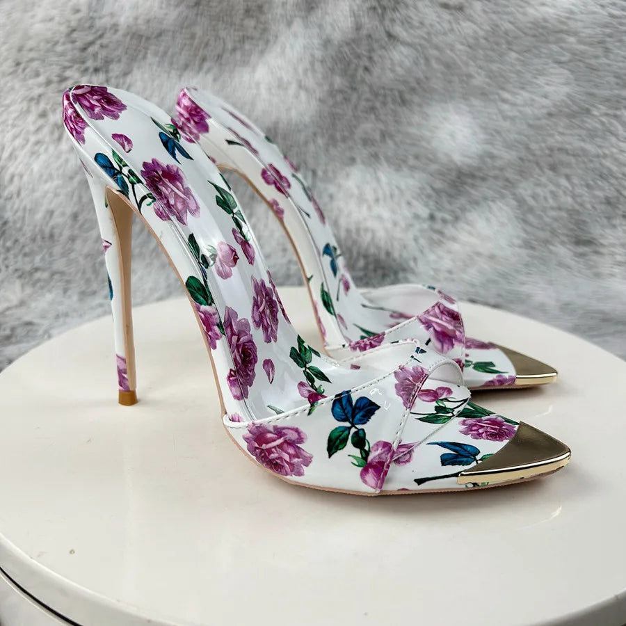 Sexy and fashionable printed slippers Shoes For Women's Sandals Summer Sexy Slippers Pointe Toe Thin Heels Stiletto Sandals12cm