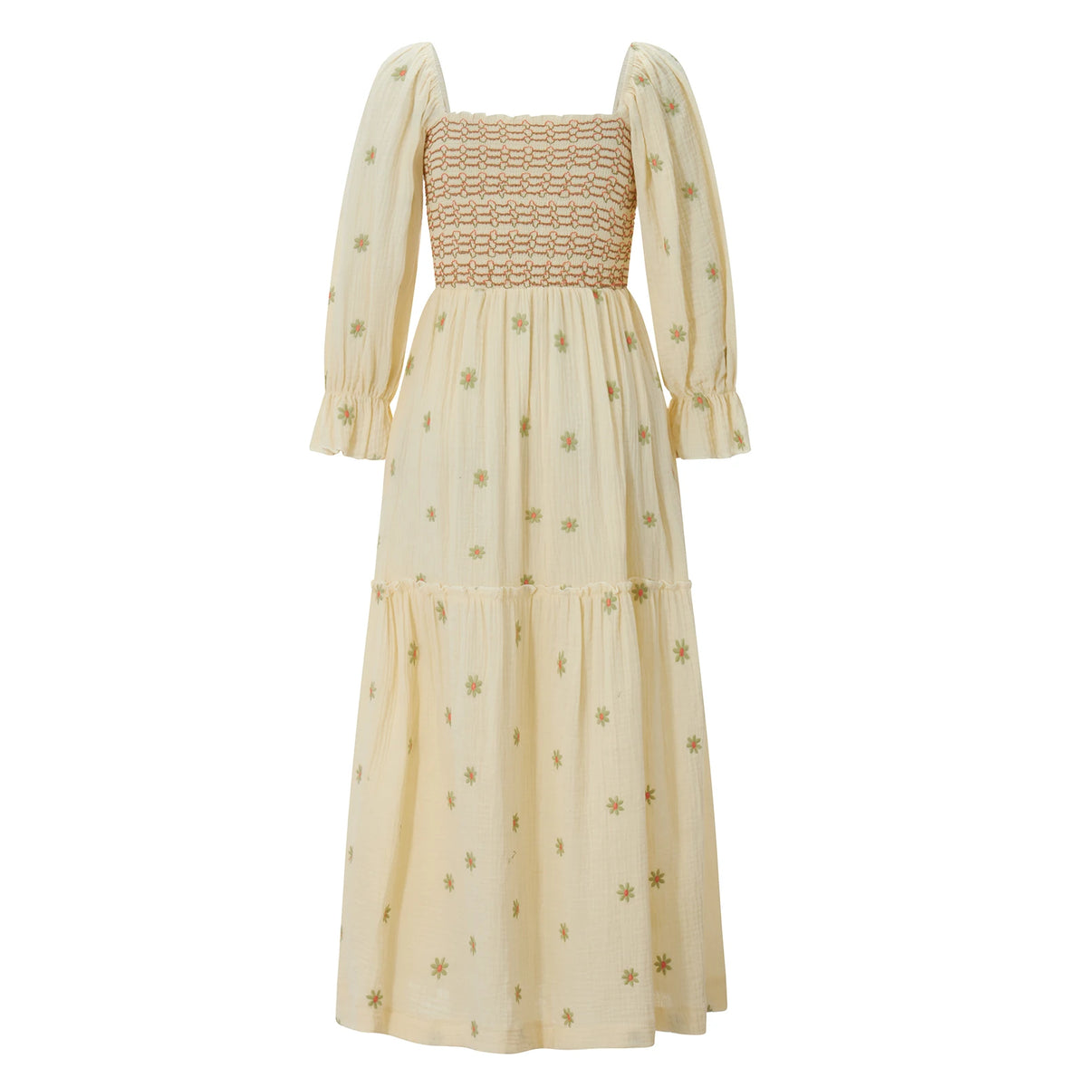 Women Spring Fall Long Dress Long Sleeve Dress Square Neck Embroidery Flower Loose Swing Dress Wit Pocket