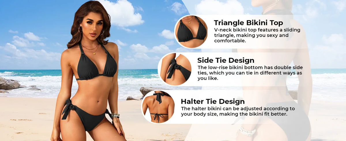 Women's Triangle Bikini Set Strap Design Swimsuit Two-Piece Swimwear Nylon Fabric with Chest Pad No Steel Support