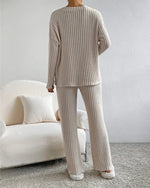 Autumn Winter Ribbed Knit Two Piece Set Womens V Neck Long Sleeve Top Wide Leg Pants Loungewear Casual Solid Color Outfit