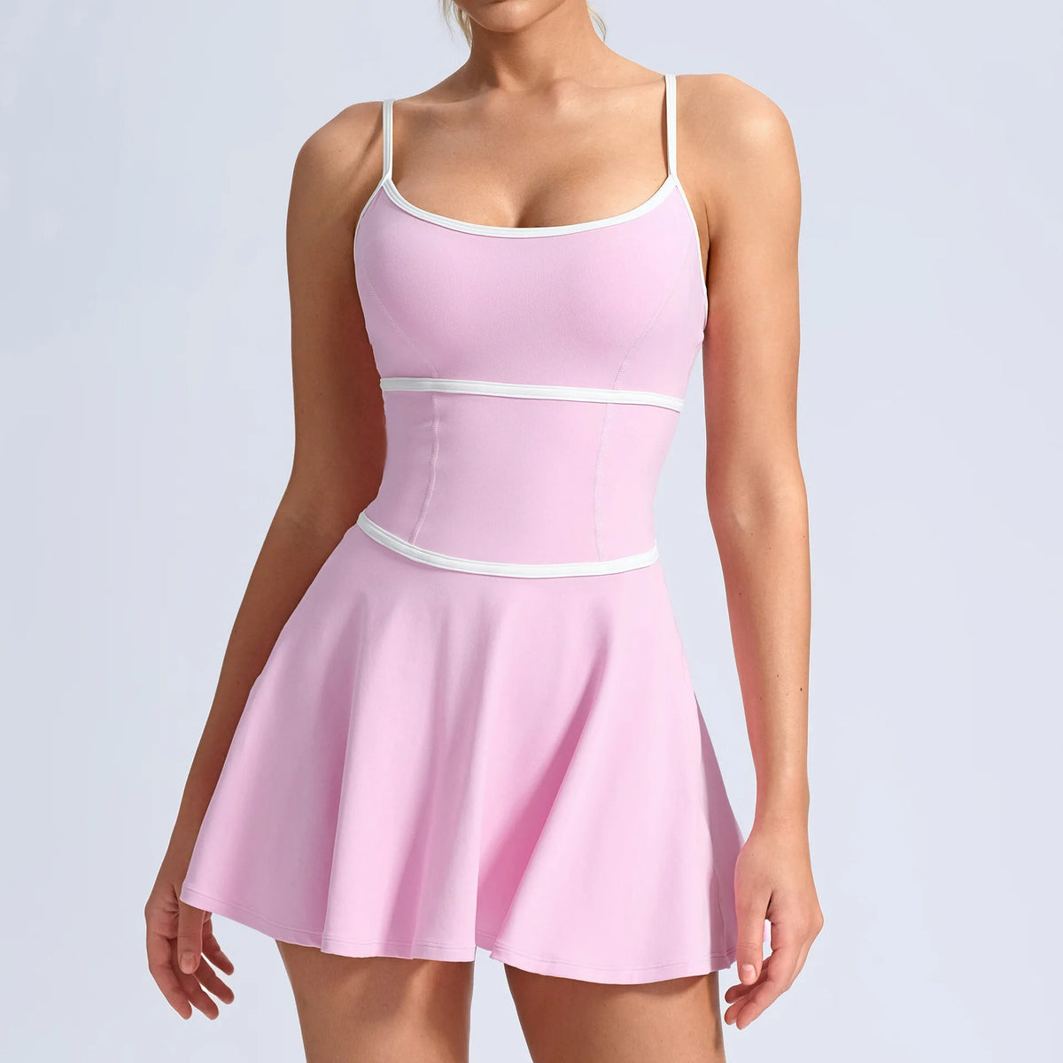 Summer Color Blocking Tennis Dresses Women Thin Shoulder Strap Slim Workout Golf Skirts Outwear Gym Running Pleate Dress