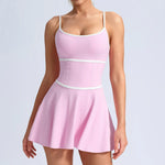 Summer Color Blocking Tennis Dresses Women Thin Shoulder Strap Slim Workout Golf Skirts Outwear Gym Running Pleate Dress