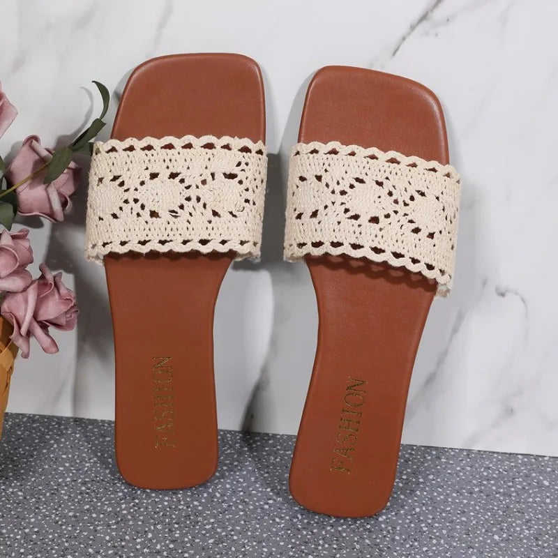 Summer Lace Women Slippers Elegant Hollow-out Ladies Fashion Causal Slip-on Shoes Outdoor Versatile Women Open-toe Flat Slippers