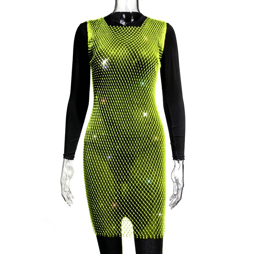 XS-2XL 15 Colors Rhinestones Fishnet Dress O-Neck Grid Swimsuit Bikini Cover Up Beach Pool Party Cover-ups for Swimwear Women