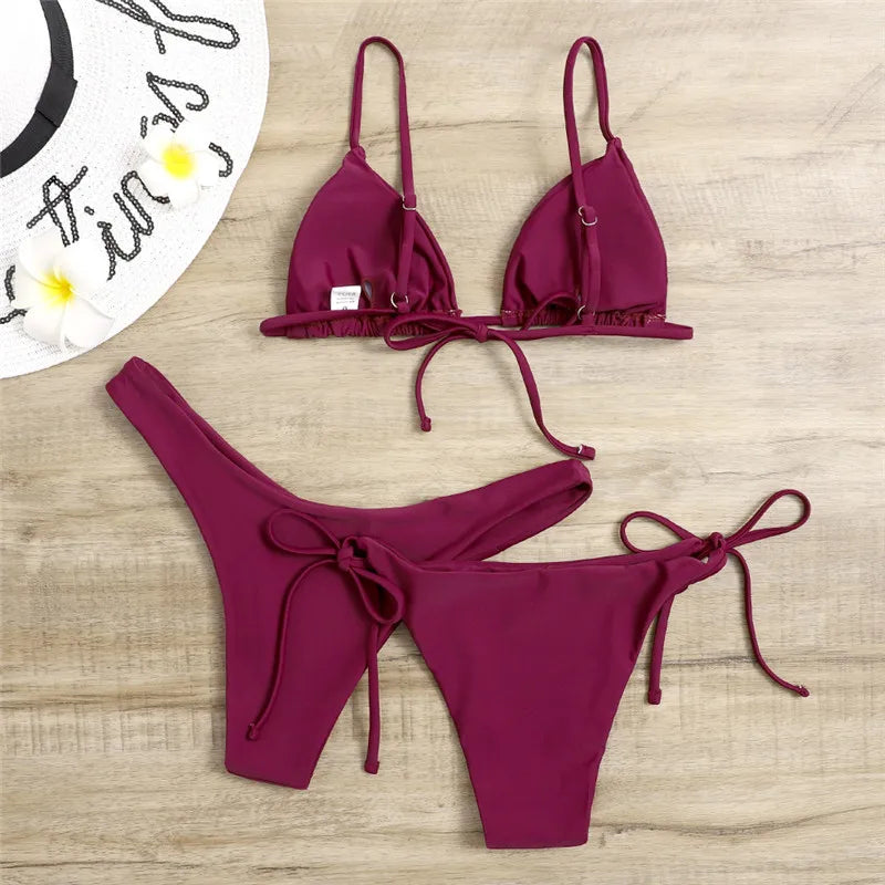 Sexy 3 Piece Bikini Set Women Solid Blue Purple Push Up Bandage Triangle Swimsuit Brazilian Beach Bathing Suit Swumwear Biquini