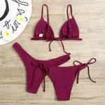 Sexy 3 Piece Bikini Set Women Solid Blue Purple Push Up Bandage Triangle Swimsuit Brazilian Beach Bathing Suit Swumwear Biquini