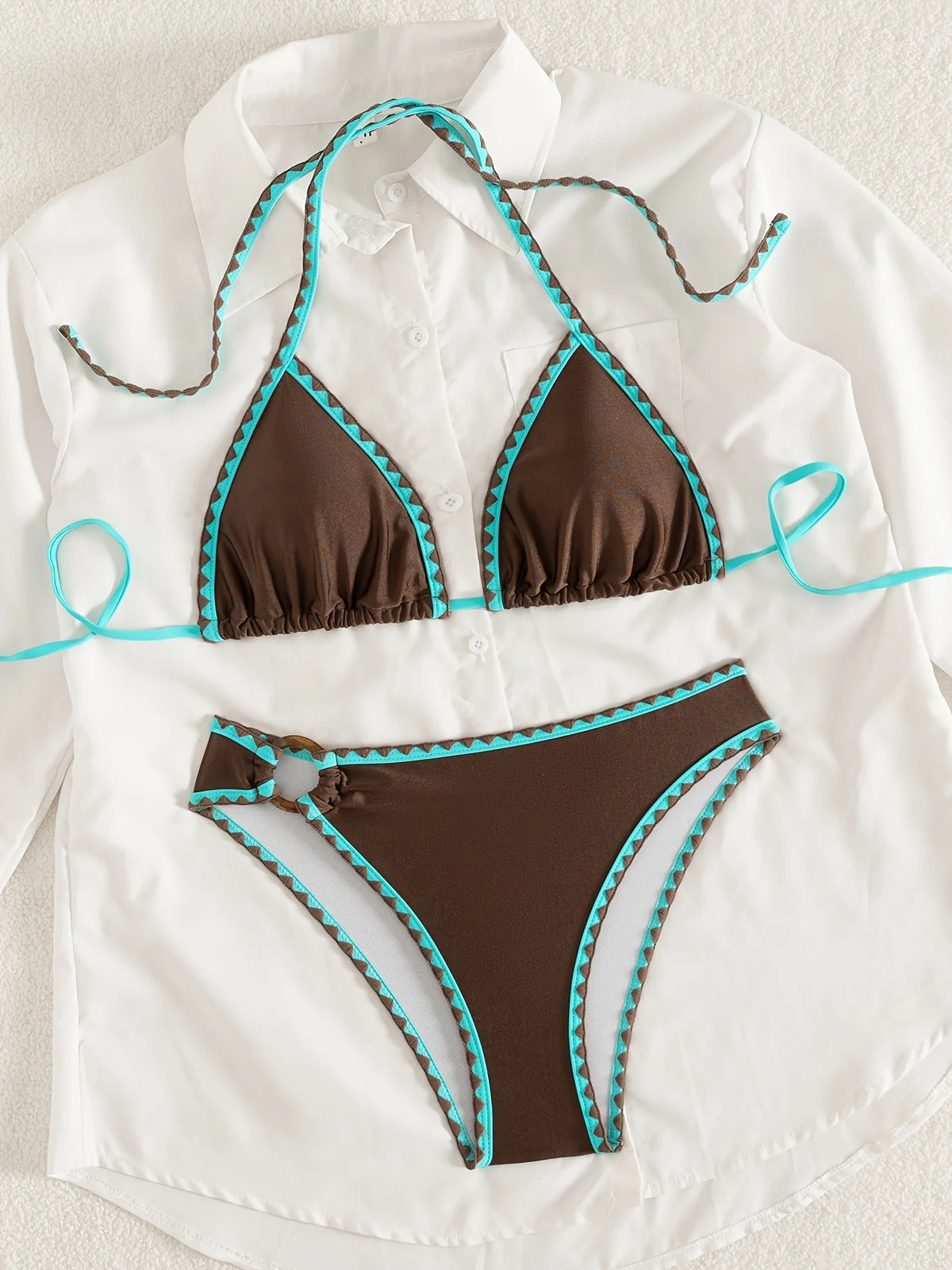 ZTVitality Sexy Coffee Color Patchwork Two-Piece Bikinis 2026 Women's Push Up Halter Bandage Swimsuit Holiday Swimwear Biquini