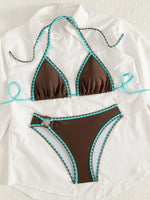 ZTVitality Sexy Coffee Color Patchwork Two-Piece Bikinis 2026 Women's Push Up Halter Bandage Swimsuit Holiday Swimwear Biquini