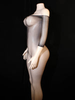 Women Fishnet Bodysuit Off Shoulder One Piece Mesh Body Stocking, Stretchy Black Lingerie with 3/4 Sleeves for Evening Homewear