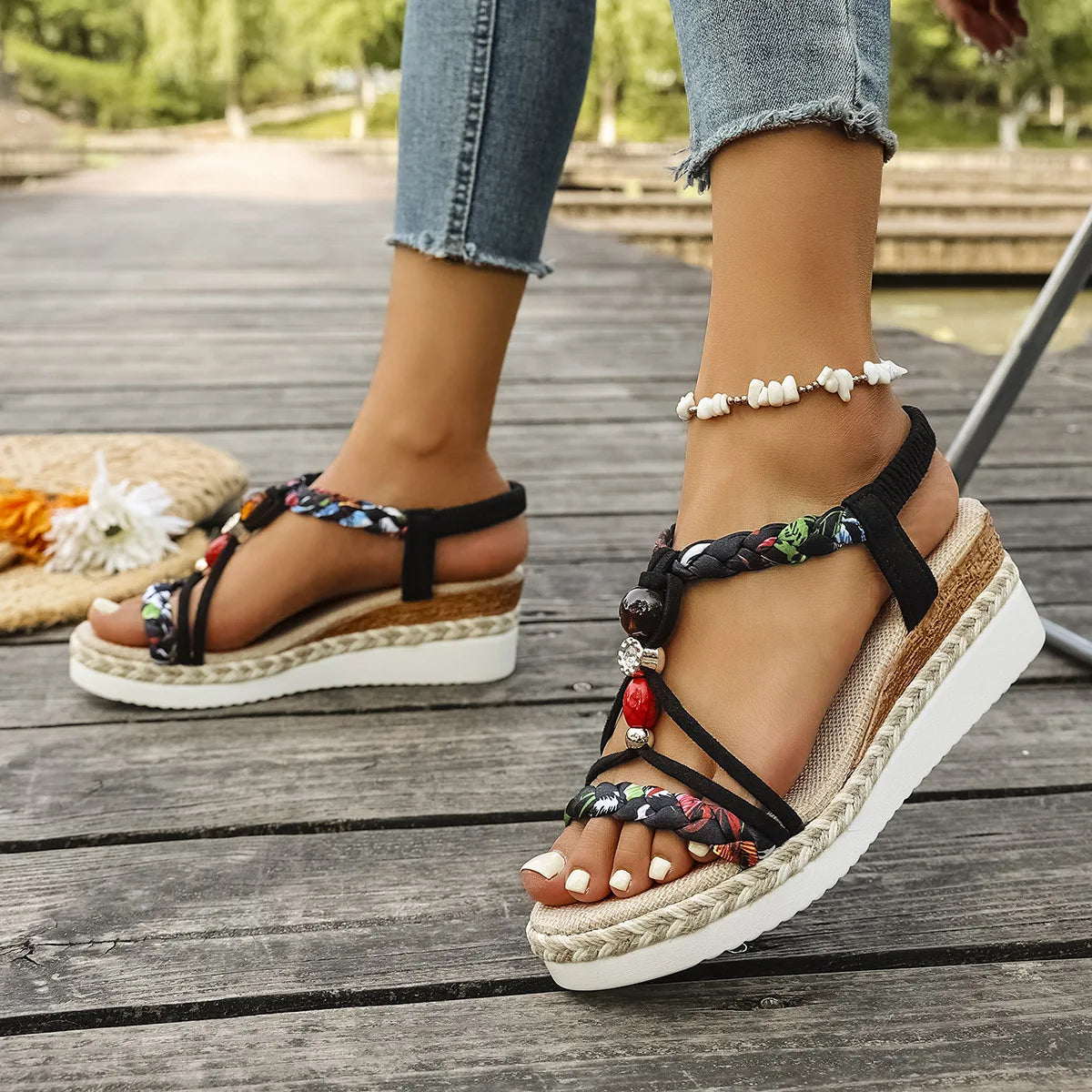 Fashion T-Strap Platform SandalsWomen New Mix Color Elastic Band Wedge Sandals Woman Summer Daily Open Toe Sandalias Female