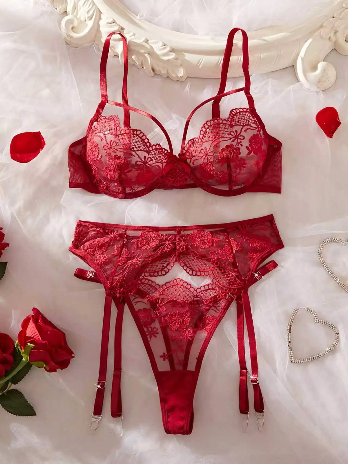 Red French Lace Embroidery Bra Set with Garter Belt Three-Piece Ensemble Sexy Underwear for Women