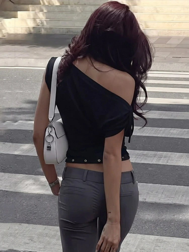 FDYOUI Women's Diagonal Collar Gray T-shirts Y2K Female Off Shoulder Lace-up Holes Cropped Tops Casual Black T Shirt Streetwear