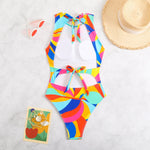 2026 Color Block Swimsuit One Piece Backless Printed Swimwear Women Bathers Bathing Swimming Swim Suit Padded Beachwear Summer