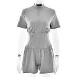 FDYOUI New 2026 Summer Zip-up Corset Playsuits Women Casual Short Sleeve Sports Fitness Overalls One Piece Tunics Yoga Bodysuit