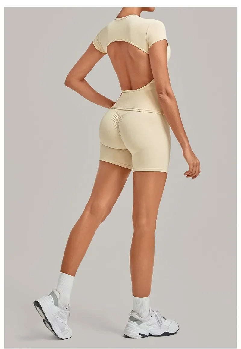 Women's Seamless Yoga Sets Sports Fitness Workout Hip-lifting High Waist Shorts Backless Short-sleeve Vest Suit Gym Training Set