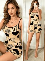 Women's Pink Heart LOVE Print 2 Piece Pajama Set, Spaghetti Strap Cami Top and Ruffle Hem Shorts, Summer Loungewear