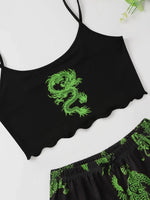 Summer Pajamas Set for Women Nightwear Sexy Dragon Printed Vest Halter Top Shorts Suit Homewear Sleepwear Loungewear