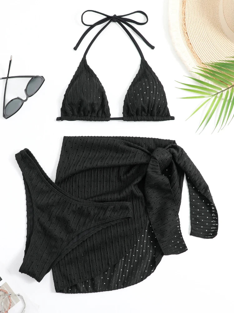 2026 New 3 Pieces Set Swimsuit Women Thong Swimwear Sexy Micro Bikini Set With Sarong Skirt White Beachwear Bathing Suit Pink