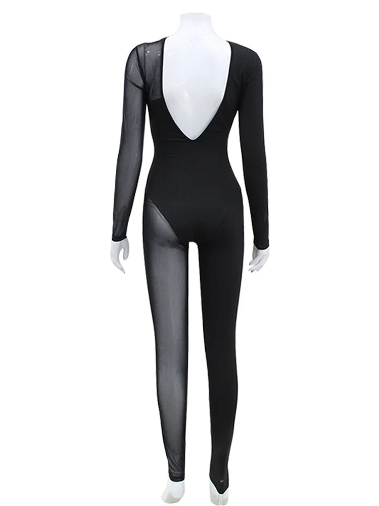 AHAgaga Winter Sexy See Through Mesh Rompers Women Jumpsuits Fashion O-Neck Zipper Skinny Slim Jumpsuit Woman Midnight Overalls