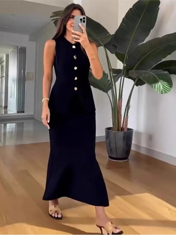Simple Style Two Piece Set Woman New In Matching Sets Two Piece Outfits Sleeveless Tops Skirts Solid Color Temperament Commuting