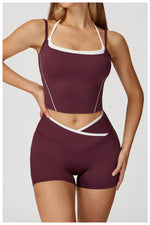 Yoga Shorts Sets Fake Two Piece Hanging Neck Shockproof Vest High Waist Pants Fitness Suit Breathable Women's Tight Sports Set